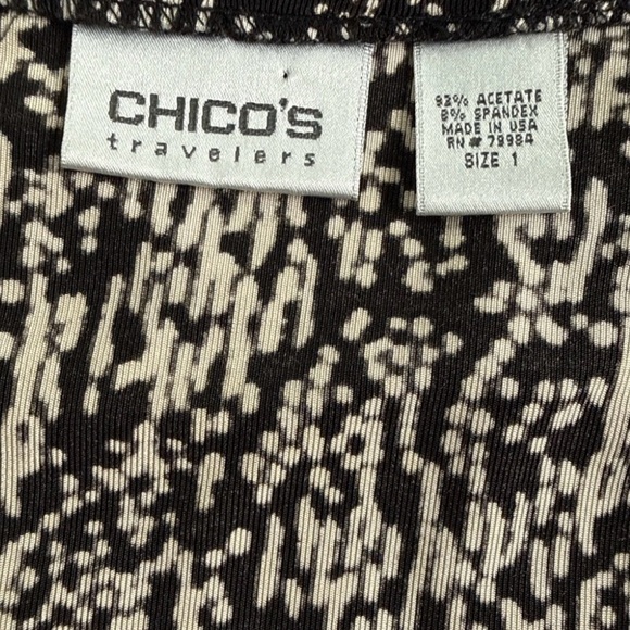 Chico’s Black & Tan Printed Tie Wrap Blouse, 3/4 Sleeves, Chico 1, US Medium - Picture 2 of 12